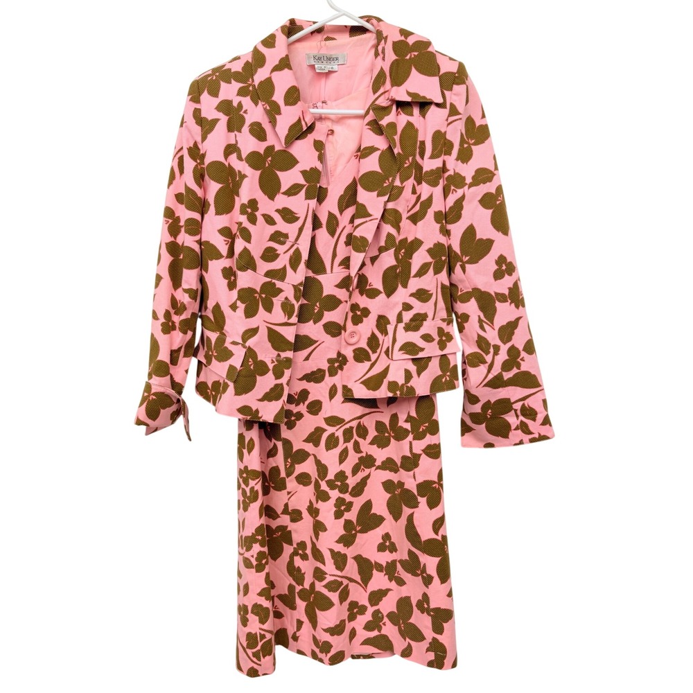 Kay Unger New York Floral Set Dress Jacket Pink Olive Green Womens 8
